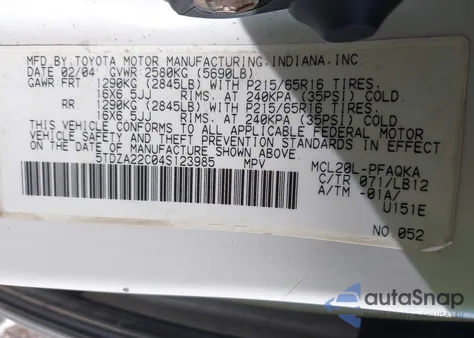 2004 Toyota Sienna Xle из США, поврежденный, VIN 5TDZA22C04S123985